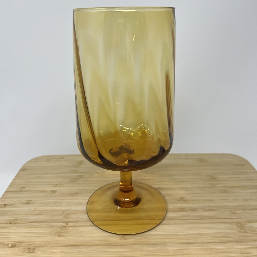 Vintage Amber Swirled Optic Brandy Snifter Compote Vase MCM With Pedestal‎ 8.5"